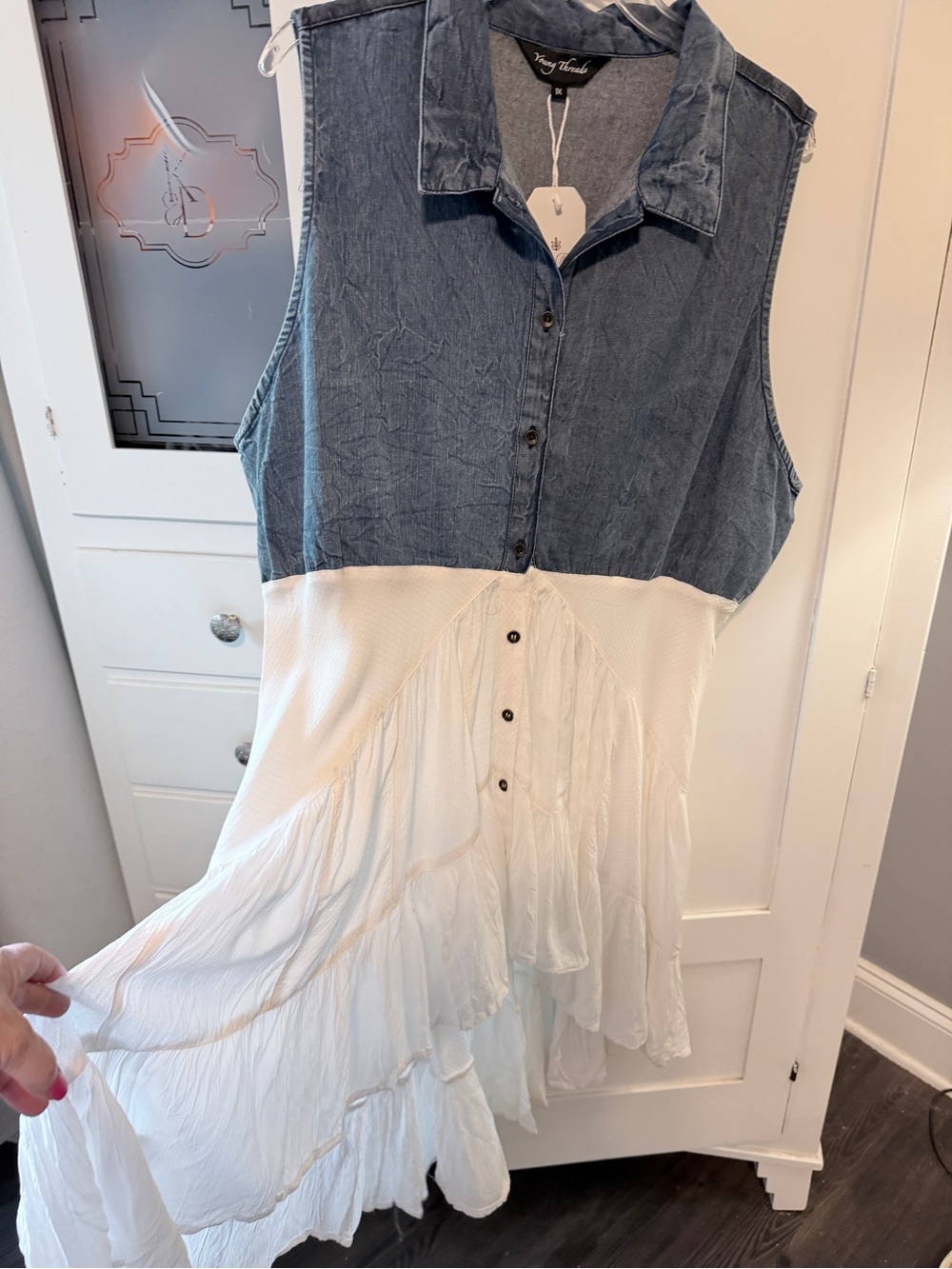 Young threads Sleeveless Two-Tone Button-Front dress/kimono/jacket- White & Blue
